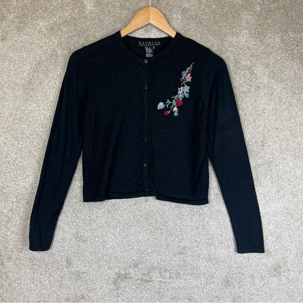 Patrick Collection Cardigan Womens Large Black Silk Blend Embroidered- 2376*